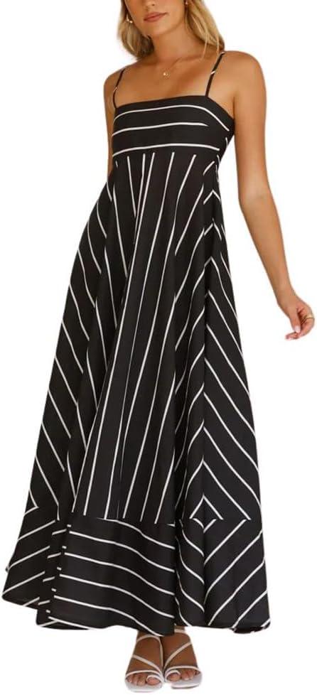 chouyatou Women's Summer Striped Spaghetti Strap Maxi Dress Boho Flowy Swing Back Smocked Beach Sundress, XL