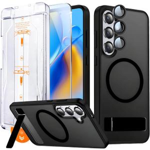 Strong Magnetic for Samsung Galaxy S25 Case with Screen Protector + Lens Protector, Fit for MagSafe,Mil-Grade Drop Protection, Seamless Stand, Translucent Black