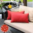 JOJOGOGO Red Outdoor Waterproof Sun Fade Resistant Lumbar Pillow Covers 12x20 Set of 2, Winter Christmas Red Lumbar Pillows 12 x 20 for Couch Porch Patio Furniture (with White Piping)