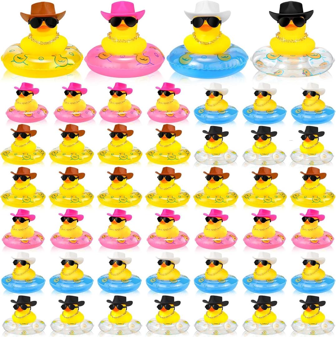 Sosation 12 Pcs Cowboy Rubber Duck Bulk Mini Car Yellow Duckies Bath Toys Party Favor with Mini Hat Swim Circle Necklace Sunglasses Car Ornaments for Summer Birthday Swimming Supplies(Novel Style)