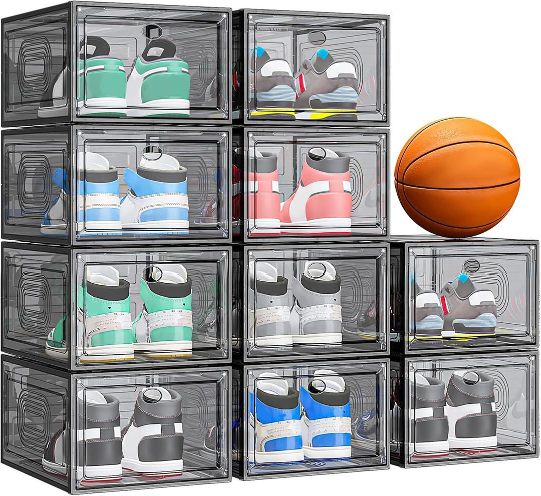 10 Pack Thicken Shoe Organizer Stackable,Upgraded Sturdy Shoe Storage Box with Magnetic Door,Shoe Containers For Sneaker Display,Hat Organizer, Black