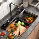 Smart Kitchen Sink 304 Stainless Steel Honeycomb Single Bowl Kitchen SinksDigital Display Double Waterfall SinkWith Pull-out Swivel FaucetWith Pressurized Cup Washer (31.5 x 18.1 inch)
