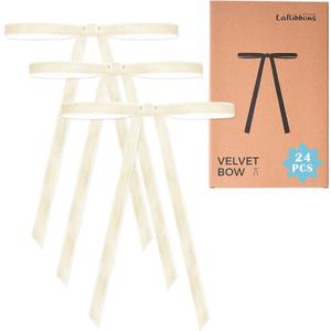 LaRibbons 24 Pcs Beige Velvet Bows for Christmas Tree, Door, Garland, Wreath, 3/8" Wide, 5"x7", Vintage Style