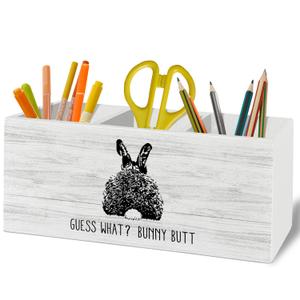 XLDLIOO Bunny Rabbit Gifts, Easter Decor, Bunny Easter Gifts for Women, Funny Pen Pencil Holder Organizer for Desk Accessories, Wooden Box Sign Desk Decor for Home Office