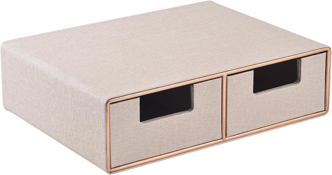 Linen Leather Desk Organizer with DrawersMini Desktop Drawer Organizer StackableMultifunctional Tabletop Organization Storage Box for Office Supplies Home Vanity Toiletries (Beige, 2-drawers)