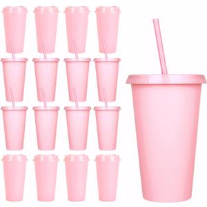 Suertestarry Plastic Tumblers with Lids and Straws, 16 Pack Reusable Party Favor Cups, 22oz Iced Coffee Cups, for Parties and Birthdays (16, Pink)