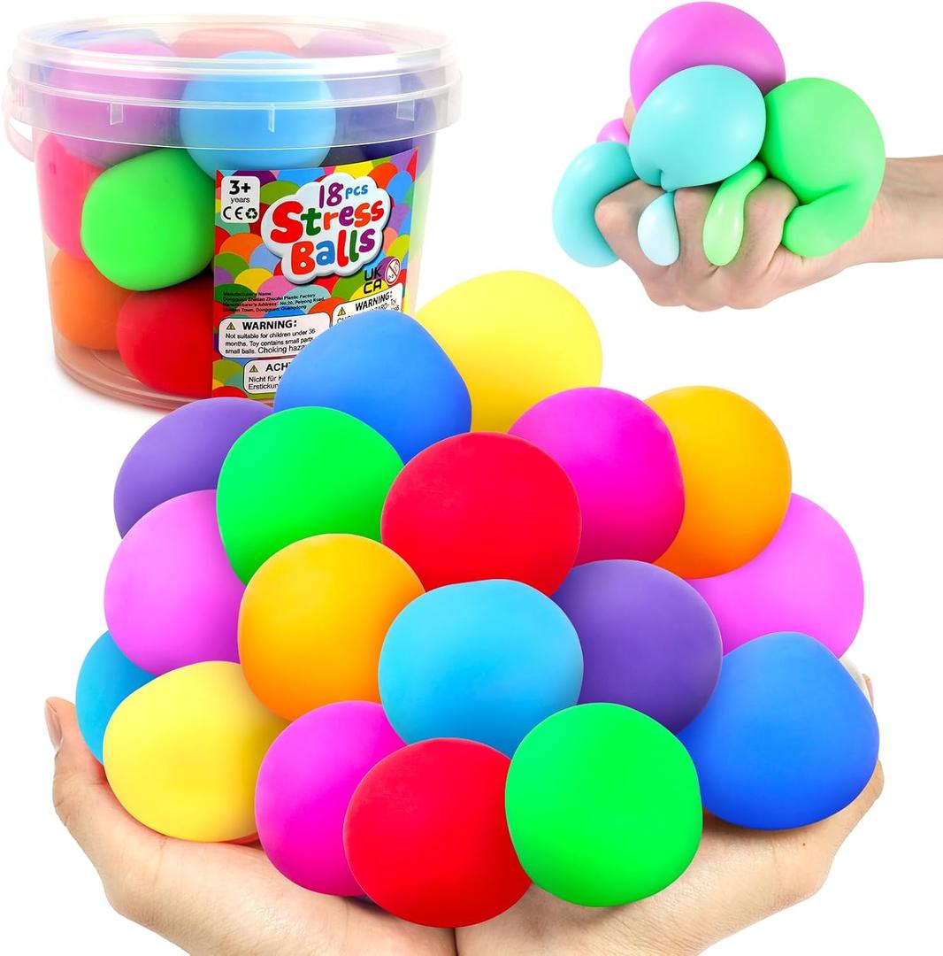 Squishy Stress Balls for Kids Adults: 18 Pack Stretchy Fidget Ball for Anxiety Stress Relief, Hand Therapy Sensory Squishy Ball, Party Favors classroom must haves, Fidgets for Classroom Prize Box Toys