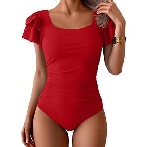Eomenie Women's Tummy Control One Piece Swimsuit Ruffle Square Neck Bathing Suit Ruched Cutout Back Slimming Swimwear  Size M, Color Red