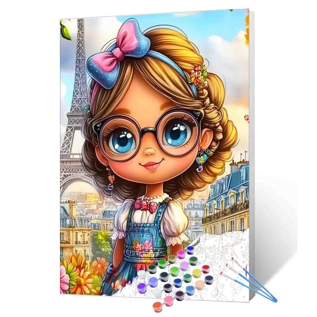 DIY Paint by Numbers for Adults Little Girl with Bright Eyes Painting Acrylic Paint Oil Painting African American Girl Painting Kits Eiffel Tower Canvas Art Bedroom Decor 16x20 Inch（Without Frame）