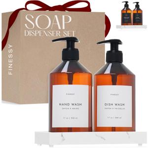 FINESSY Amber Hand Dish Soap Dispenser for Kitchen Countertop and Bathroom with Tray Set for Refillable Liquid Detergent Dishwasher and Lotion Bottles, Farmhouse Kitchen Soap Dispenser Set with Pump (3"L x 3"W x 7"H)