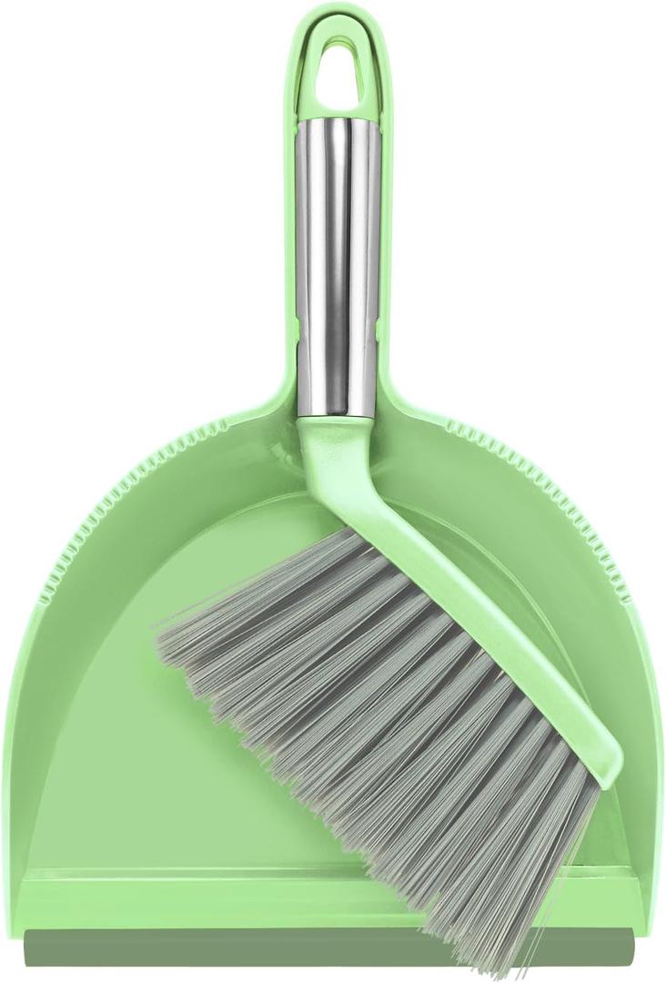 NACENA Mini Broom and Dustpan Set, Small Dust Pan and Brush Set with Handle Dustpan Teeth for Cleaning Hair Suitable for Office Desks Drawers Sofas Outdoor Camping, Light & Green