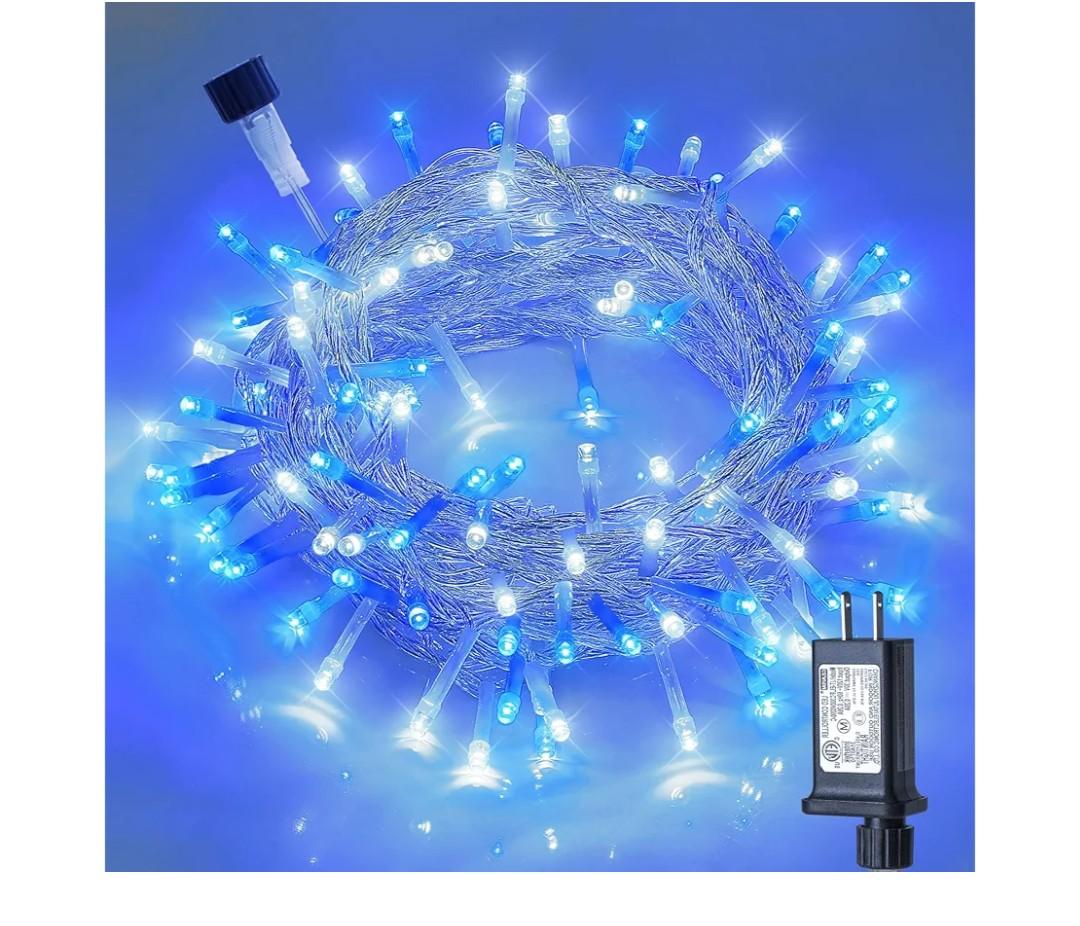 Hopolon Blue and White Christmas Lights Outdoor, 33FT 100 Led Plug in Fairy String Lights Clear Wire, 8 Modes Waterproof Christmas Tree Light for Indoor Outside Bedroom Party Wedding, 100 LED, Blue WhiteAmazon's Choice