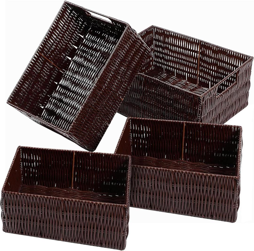 Elevon Handmade Storage Basket Set of 4, Plastic Wicker Baskets for Organizing with Handles, Storage Bins for Home Kitchen Countertop, Shelf Organizer, Waterproof, Coffee