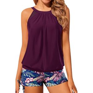 Yonique Tankini Swimsuits with Shorts - Tummy Control Two Piece Blouson Bathing Suits High Neck Swimwear (Medium, Purple Leaves)
