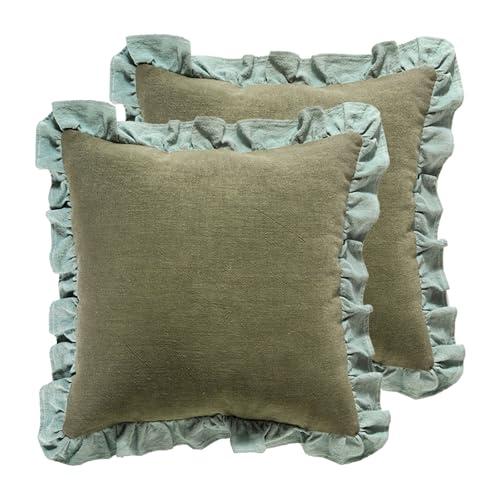 patdrea Green Shabby Chic Decorative Throw Pillow Covers 18x18 Set of 2, Farmhouse Linen Pillow Covers with Ruffles, Square Sturdy Throw Pillow Case for Couch Sofa Bed Living Room