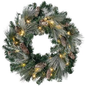 Sullivans Prelit 24 Christmas Wreath, Flocked Door Wreath with Lights Christmas Dcor, Lighted Pine Wreaths Decoration, Pinecones, Gold Accents, and Battery Timer