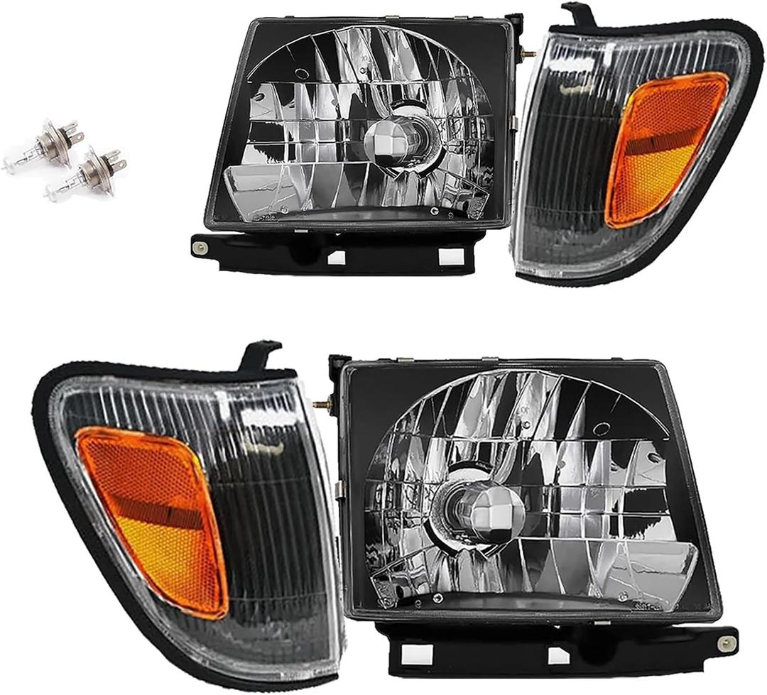 4Pcs Headlight Corner Light Assembly For 1997 1998 1999 2000 Toyota Tacoma Halogen Head Light Headlamp with Bulbs, Driver & Passenger Side Replace, Black Housing Amber Corner