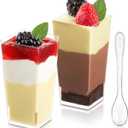 Zezzxu 3 oz Mini Dessert Cups with Spoons, 50 Pack Plastic Square Shooter Cups for Serving Party Desserts Cheesecake Parfait Mousse Pudding Appetizers