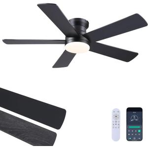 Ceiling Fans with Lights - 48" Black Flush Mount Ceiling Fan Light with 6 Speeds 3CCT Dimmable, Revesible Motor, Low Profile Fan Light for Modern Indoor Bedroom, Kitchen