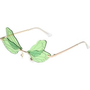 Dragonfly Rimless Sunglasses Wing Shaped Butterfly Fairy Shades Glasses Fashion Party Sunglasses for Women Men (Green)