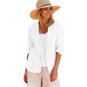 Mina Self 2025 Summer Linen Blazer Women Lightweight 3/4 Stretchy Ruched Sleeve Fully-Lined Casual Work Jacket with Pockets, Size Medium, White 