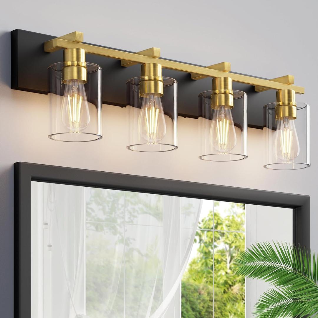Bathroom Vanity Light,4 Light Matte Black and Gold Light Fixture with Thickened Clear Glass Shade, 30 inch Modern Wall Sconce, Bathrooms Vanity Light Over Mirror for Bathroom