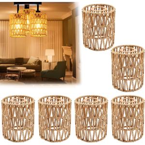 Supkiir 6 Pack Rattan Lamp Shade, Retro Small Pendant Light Shade Replacement, Boho Cylinder Wicker Woven Lampshade for Chandelier, Floor Lamps, Pendant Light, Wall Sconces Light Fixture