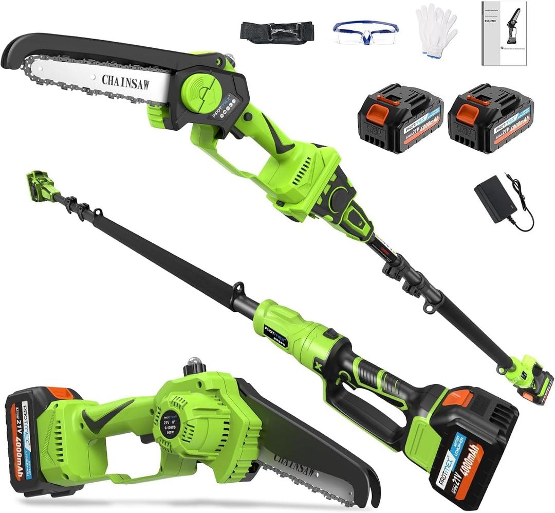 2 in 1 Pole Saw 6 inch with Mini Chainsaw, 2 21V 4.0Ah Batteries, Extending Pole, Angled Head, Electric Pole Chainsaw for Tree Trimming, Lightweight, Brushless Motor, Tool-Free Chain Tension