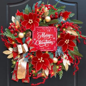 Christmas Wreath with Lights, 24 Inch Lighted Christmas Wreath for Front Door, Winter Wreath with LED Lights, red Berries, Pinecones, Gold Ball, Red Bow, Merry Christmas Sign for Indoor or Outdoor