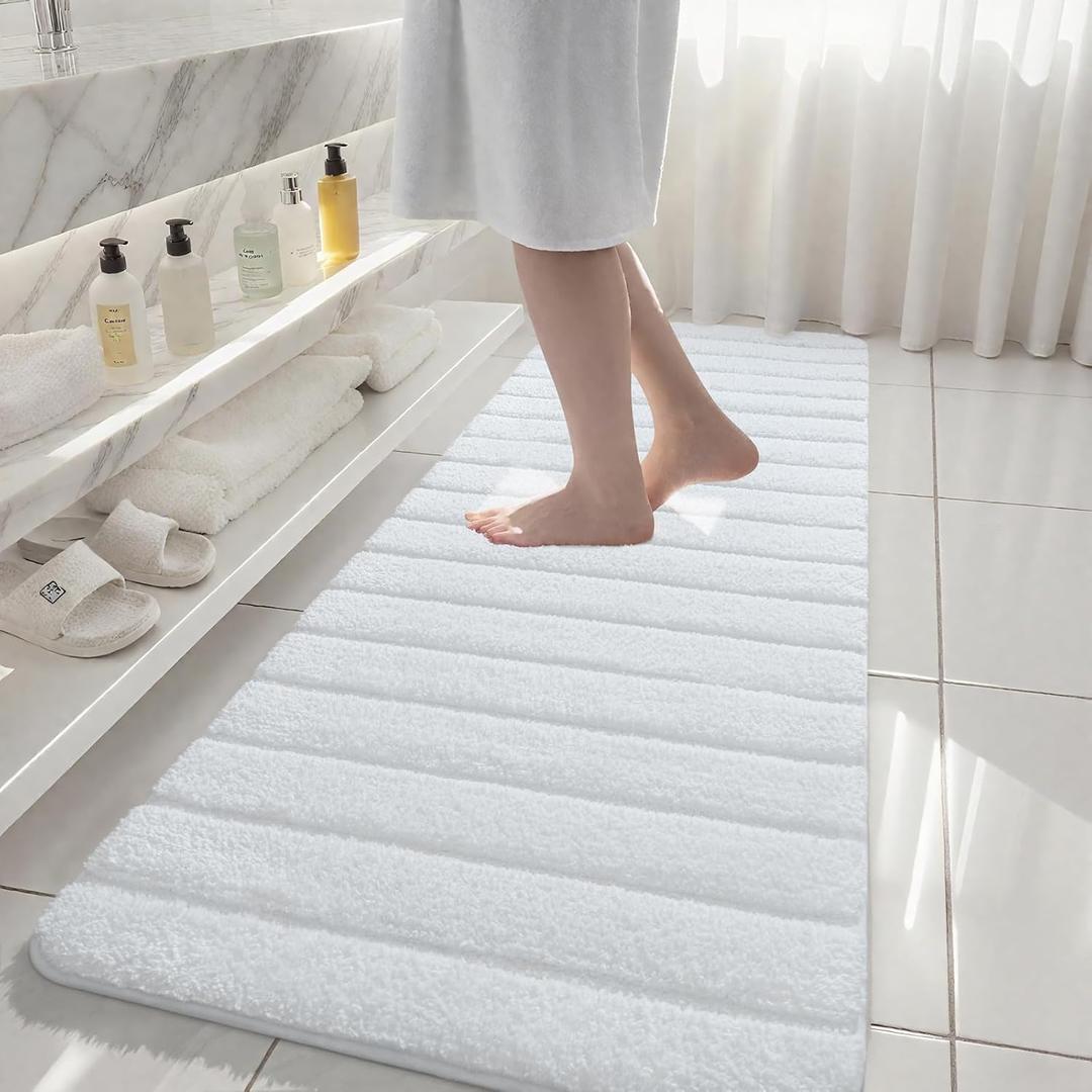 AROGAN Luxury Long Bathroom Runner Rugs, Thick Soft and Absorbent Microfiber Non Slip Bath Mat, Rubber Backing Striped Rug Carpets, Machine Washable Plush Mats for Bathroom Floor, 24x72 Inch White