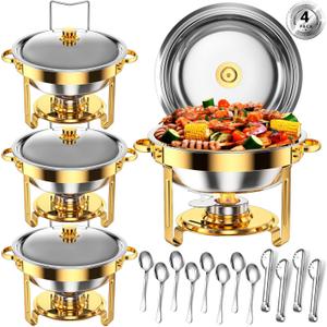 Round Chafing Dishes for Buffet 5 Qt,High Grade Chafing Dish Buffet Set, Full Size Pan,Rolled-Edge Design Food Warmers for Parties,Buffet,Wedding,Birthday,Camping 4 PACK (Gold)