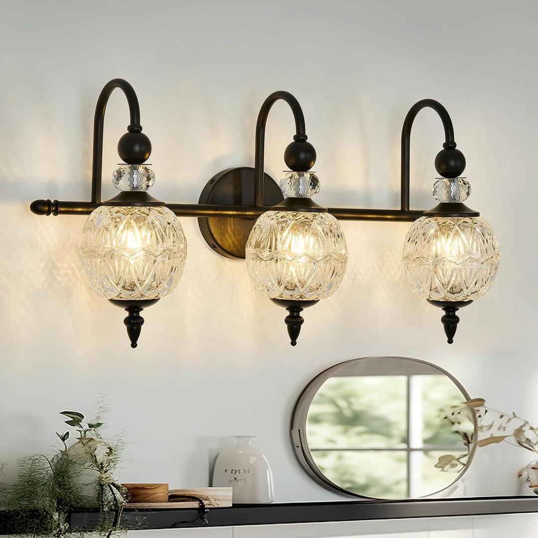 Piepooye Vintage Bathroom Light Fixtures Black Vanity Light with Glass Globe LampShade 3 Lights Mid Century G9 Bulb Wall Sconce Indoor Vanity Light Over Mirror for Kitchen Bedroom Farmhouse