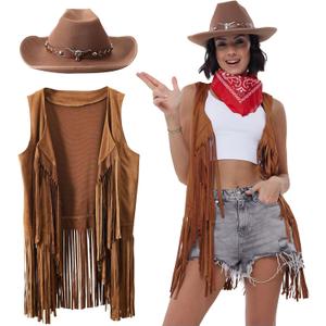 Western Outfits for Women Cowgirl Tassel Sleeveless Vest Cowboy Hat and Paisley Bandana (Large, Brown)