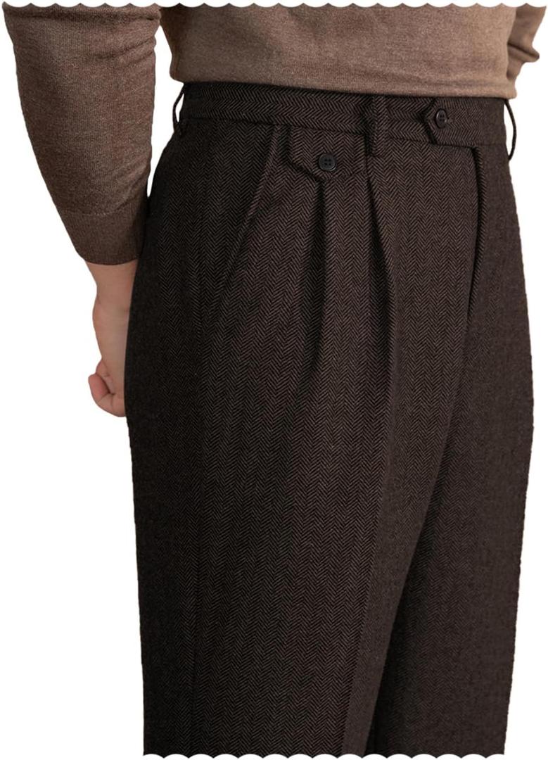 Mens Pants Tweed Herringbone Vintage Dress Pant Trousers Regular Fit Suit Pants for Men Coffee 30W×30L