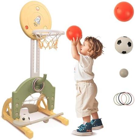 hoopyosms 4-in-1 Toddler Basketball Hoop Adjustable Height Indoor Outdoor Sports Center for Kids Aged 1-3 Basketball, Soccer, Hockey & Ring Toss, Yellow and Green