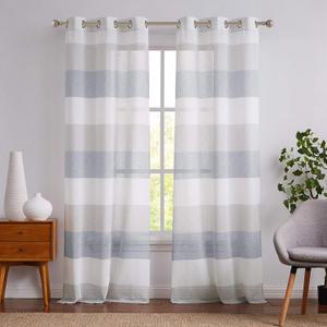 Central Park Gray and Smoke Blue Stripe Sheer Color Block Window Curtain Panel Linen Window Treatment for Bedroom Living Room Farmhouse 84 inches Long with Grommets, 2 Panel Rustic Drapes (40"W x 84"L (Pack of 2), Gray/Smoke Blue)