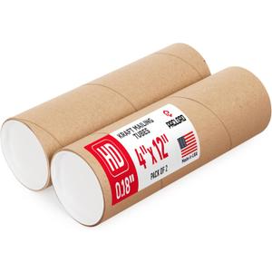 4" x 12" Heavy Duty Reinforced Kraft Paper Mailing Tube, Pack of 2 Tubes with 4 Caps – Secure USPS Approved Poster Tube – Made in USA Cardboard Tube for Shipping and Storing Posters, Prints, Artwork