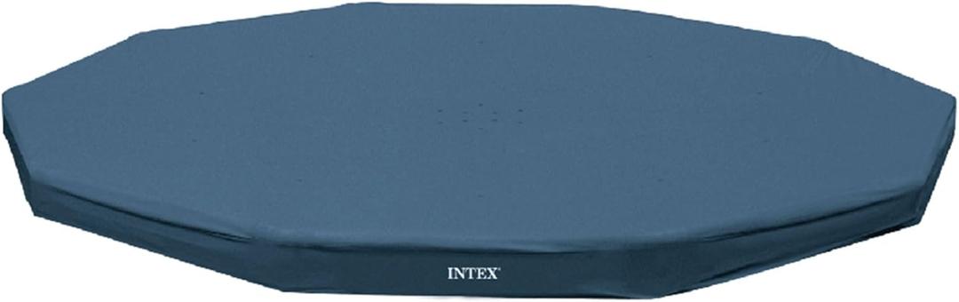 INTEX 28031E Pool Cover: For 12ft Round Metal Frame Pools  Includes Rope Tie  Drain Holes  10in Overhang  Snug Fit