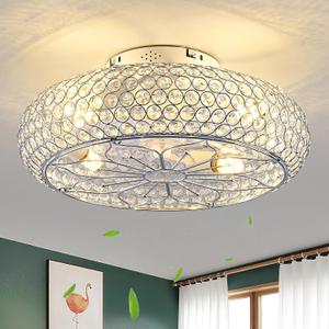 Caged Crystal Ceiling Fans with Lights and Remote,20" Flush Mount Low Profile Ceiling Fan with Light,6 Speed Enclosed Ceiling Fan with Reversible Motor for Bedroom Living Room|(4 E26 Bulbs Included)