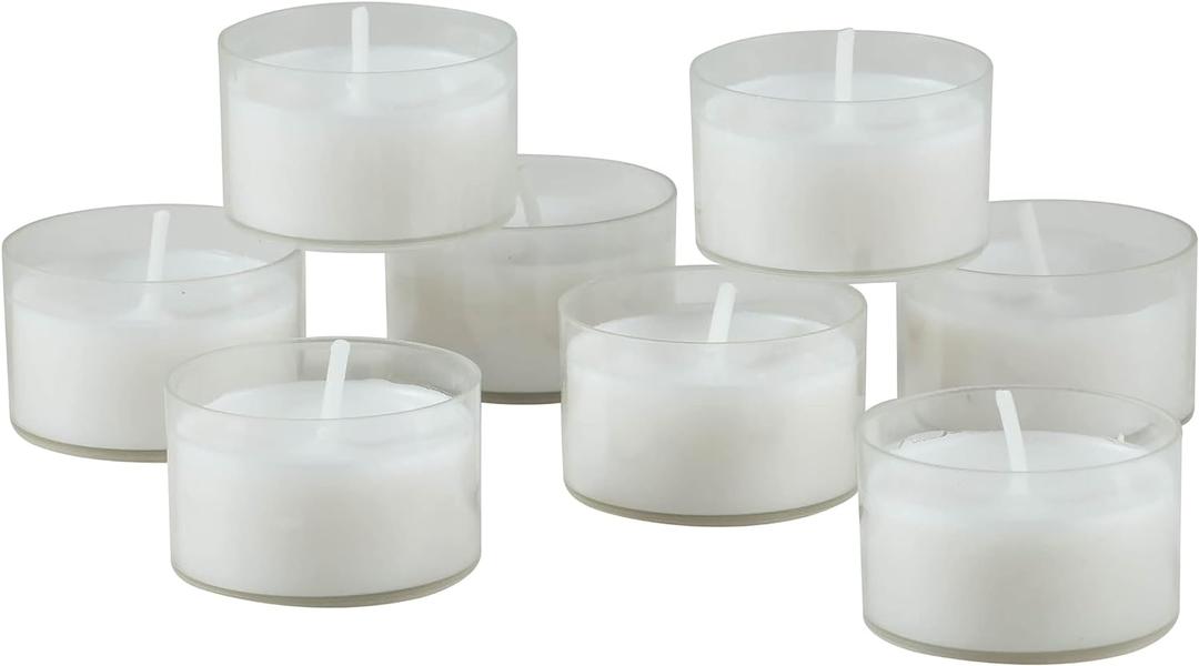 Stonebriar 48 Count White Unscented Smokeless Long Burning Clear Cup Tea Light Candles with 6 to 7 Hour Burn Time