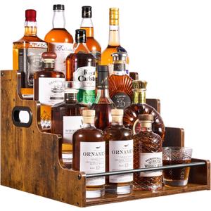 4-Tier Liquor Bottle Display Shelf, Coffee Syrup Rack Organizer, Water Bottle Organizer, Mini Bar Cabinet, Rustic Bar Shelves for Liquor Whiskey, Spirits (Brown)