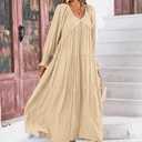 R.Vivimos Maxi Dress for Women Long Sleeve V Neck Empire Waist Layered Ruffle Boho Casual Flowy Long Dresses