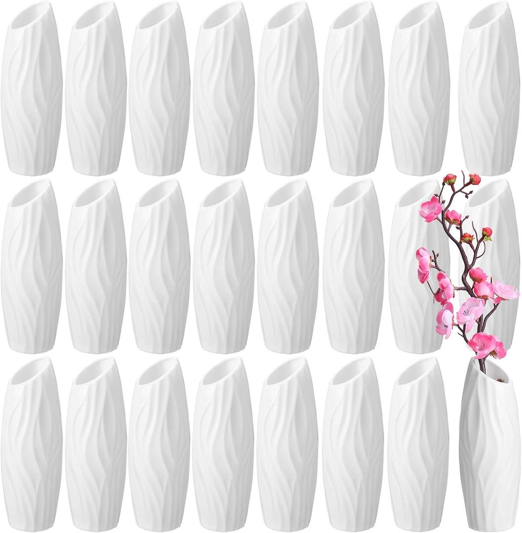 Mimorou 24 Pcs Composite Plastic Flower Vase Ceramic Look Decorative White Unbreakable Plastic Vases for Flower Centerpieces for Living Room Table Home Decor(Elegant Style)