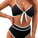 Blooming Jelly Womens High Waisted Bikini Set Tie Knot High Rise Two Piece Swimsuits Bathing Suits (Black, L)