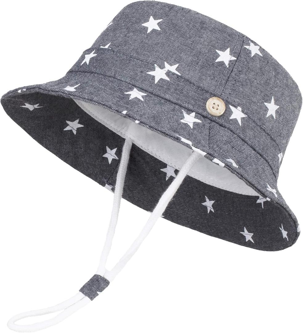 LANGZHEN Sun Protection Hat for Kids Toddler Boys Girls Wide Brim Summer Outdoor hat Cotton Baby Bucket Hat with Chin Strap (Gray)