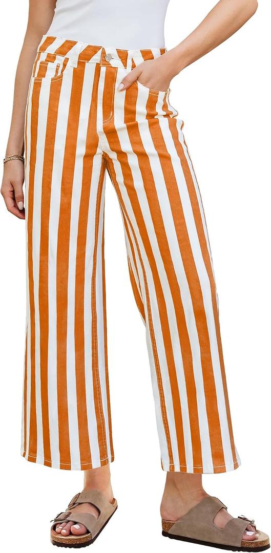 GRAPENT Women Jeans Striped Wide Leg High Waisted Trendy Stretchy Denim Pants Cute Casual Trouser Jeans with Pockets (Orange, XL)