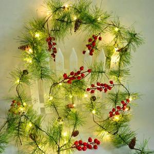 Christmas Garlands 6.56FT 30 LED Smokey Pine Garlands with Lights Battery Operated Pine Cone Garland with Red Berry Bells Green Garland Christmas Decorations for Xmas Holiday Indoor Outdoor