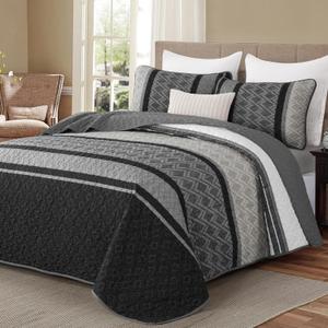 Dinjoy Queen Quilt Set Dark Grey,Striped Bedspread Queen Size, Fall Bedding Sets 3 Pieces Micofiber Lightweight Mens Quilts with 2 Pillow Shams Black Gray Coverlet Bed Sets for Family 96''x90''