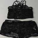 Verdusa Women's Floral Lace 2 Piece Outfits Tie Front Crop Cami Top with Mini Shorts (Medium, Black)