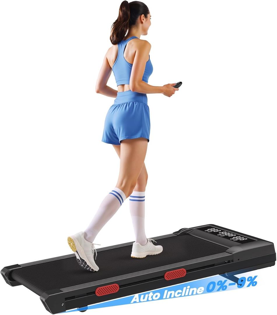 SupeRun Walking Pad with 9% Auto Incline, Under Desk Treadmills for Home and Office Small Space, 2.5 HP Portable Mini Jogging Machine with APP and Remote Control and LED Display, 300 Lbs Capacity